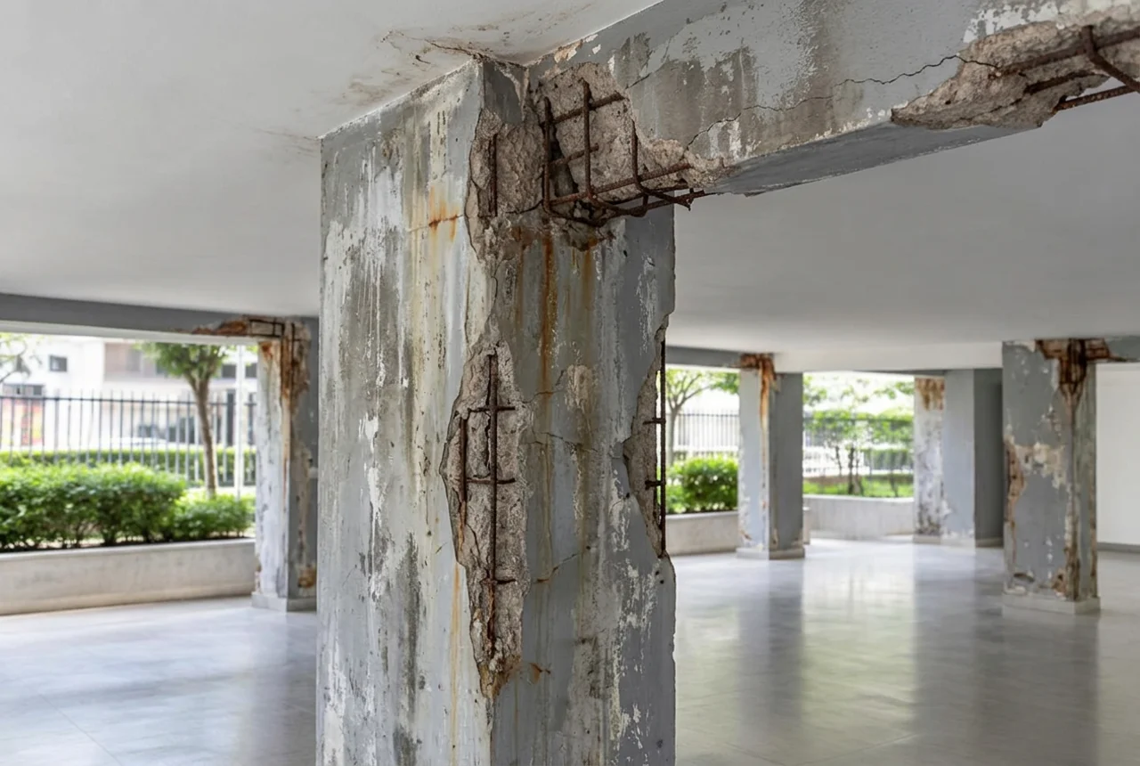 Pilar de concreto de área comum em Londrina antes da manutenção predial